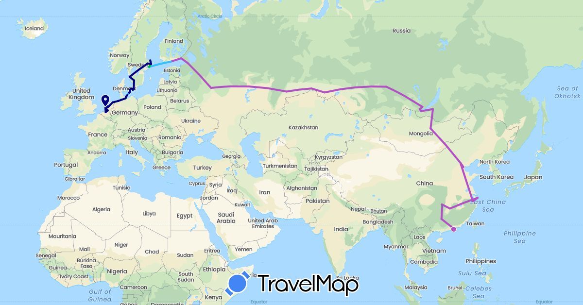 TravelMap itinerary: driving, bus, train, boat in Belgium, China, Germany, Denmark, Finland, Mongolia, Netherlands, Russia, Sweden (Asia, Europe)